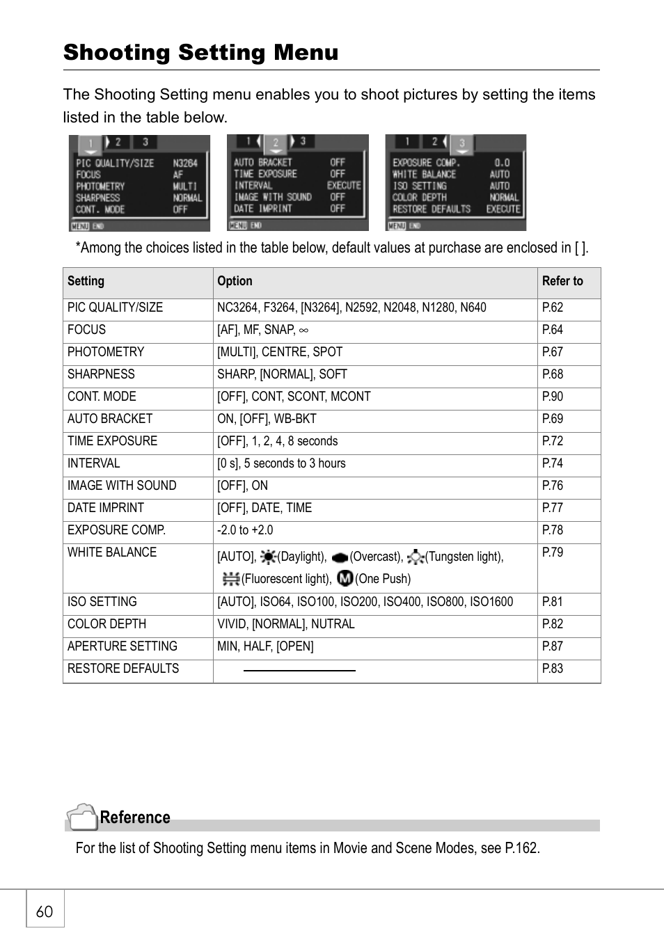 Shooting setting menu, Reference | Ricoh GX8 User Manual | Page 62 / 180