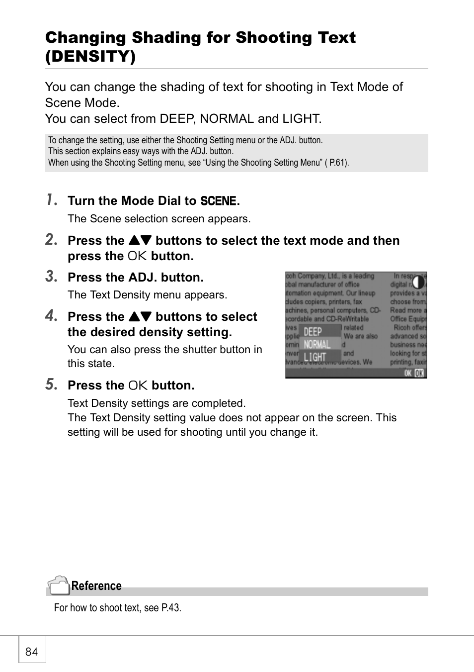 Changing shading for shooting text (density) | Ricoh GX8 User Manual | Page 86 / 180