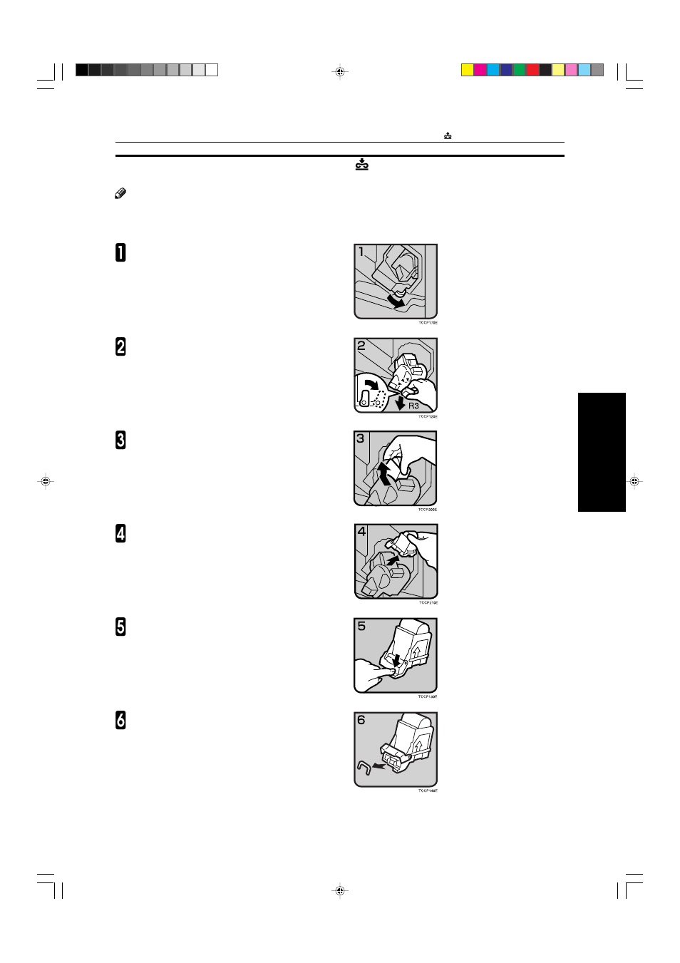 Removing jammed staples, E removing jammed staples | Ricoh AFICIO COLOR 6010 User Manual | Page 197 / 266