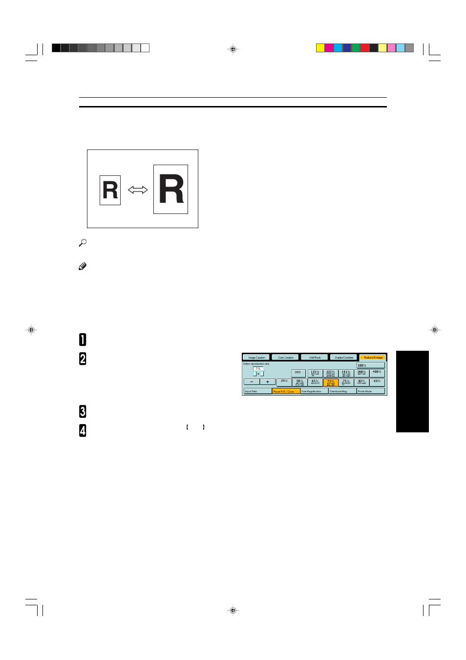 Reduce/enlarge, Preset r/e, Reduce/enlarge—reducing and enlarging | Ricoh AFICIO COLOR 6010 User Manual | Page 75 / 266