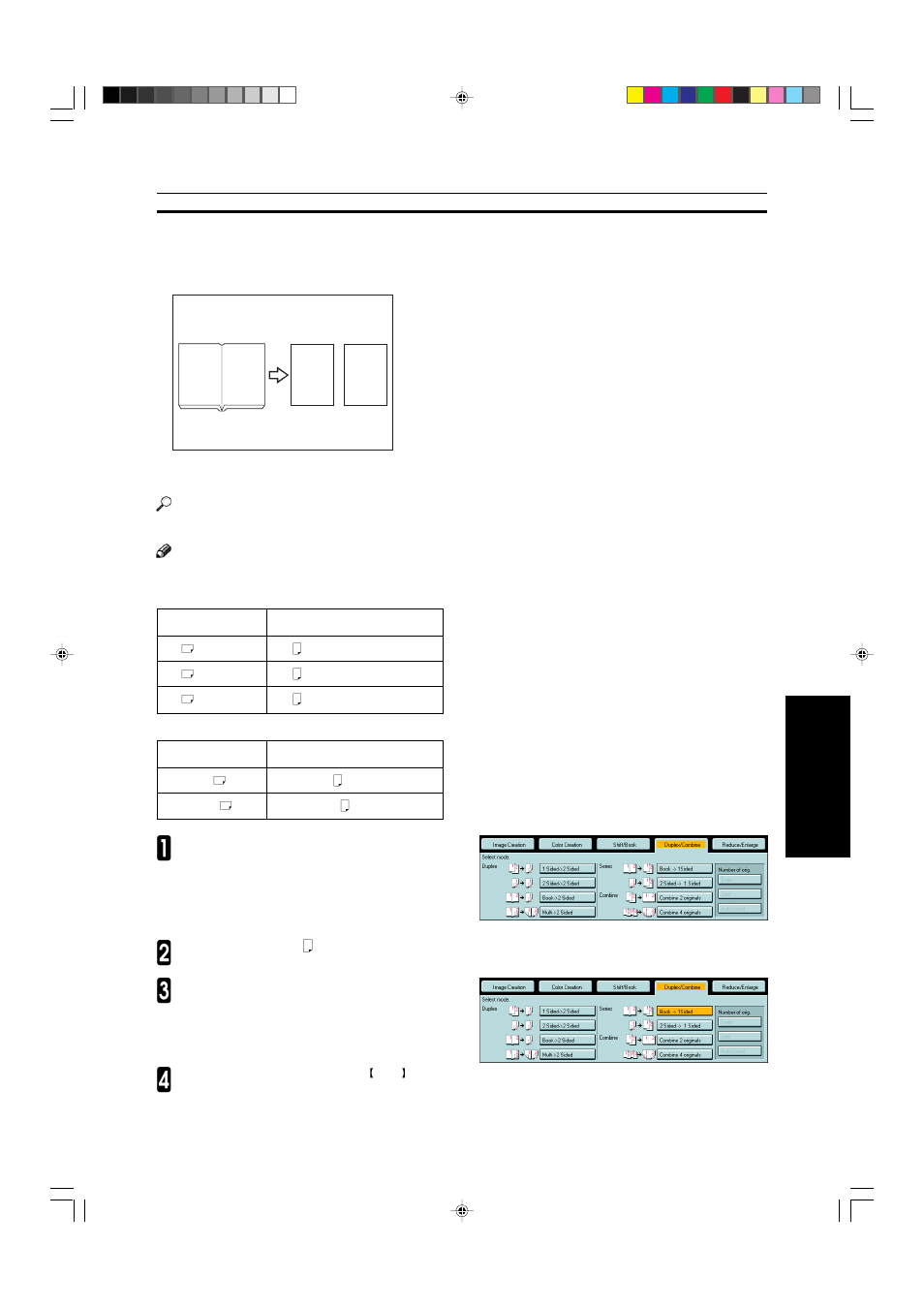 Book -> 1 sided, Series copies—making single copies | Ricoh AFICIO COLOR 6010 User Manual | Page 89 / 266
