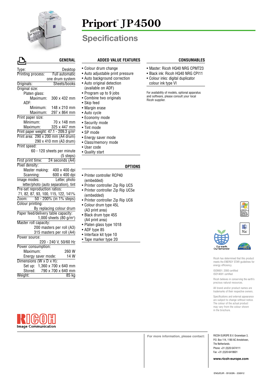 Specifications | Ricoh Priport JP4500 User Manual | Page 4 / 4
