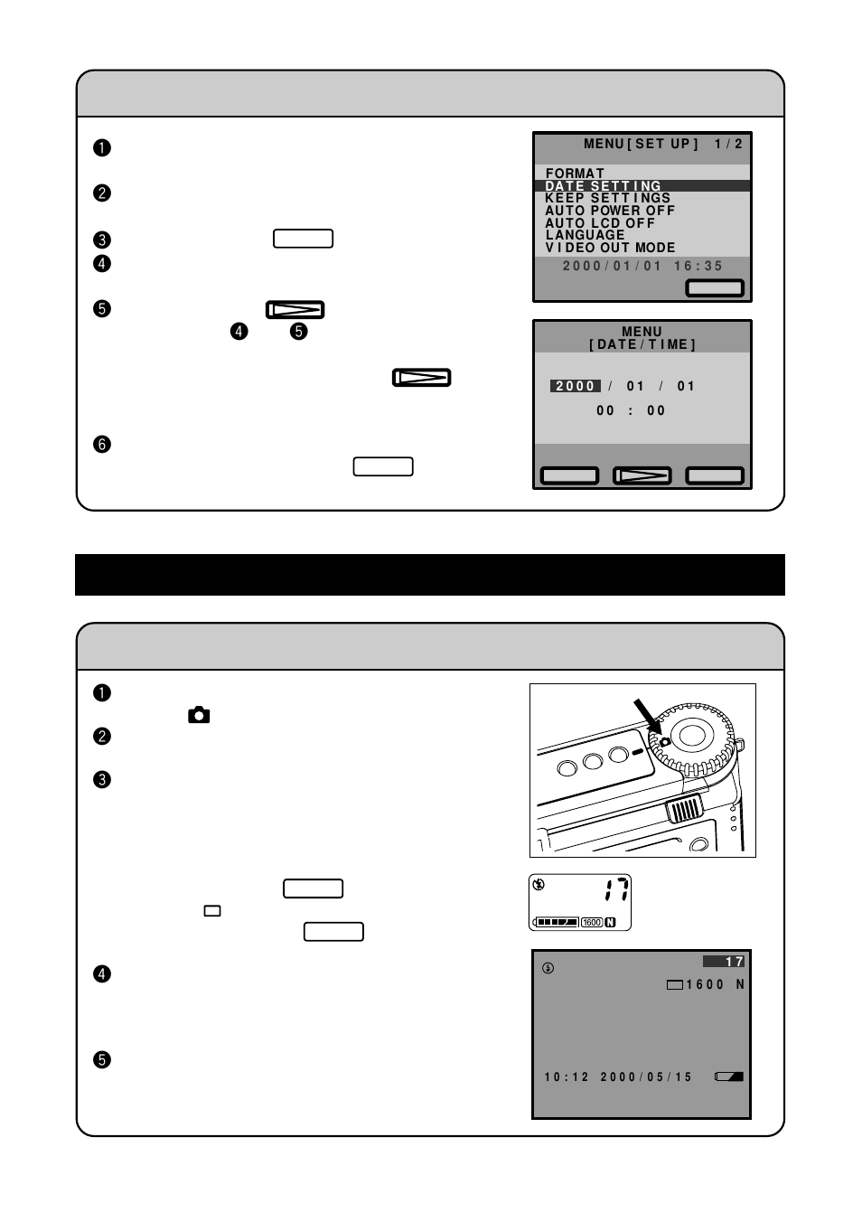 Shooting, Setting the date and time, Basic shooting procedure | P.33-34), P.40-49) | Ricoh RDC-6000 User Manual | Page 22 / 24