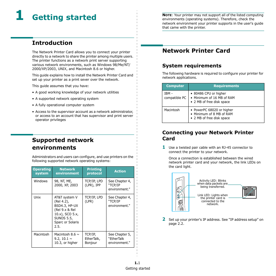 Getting started, Introduction, Supported network environments | Network printer card, System requirements, Connecting your network printer card | Ricoh Aficio SP 5100N User Manual | Page 106 / 126