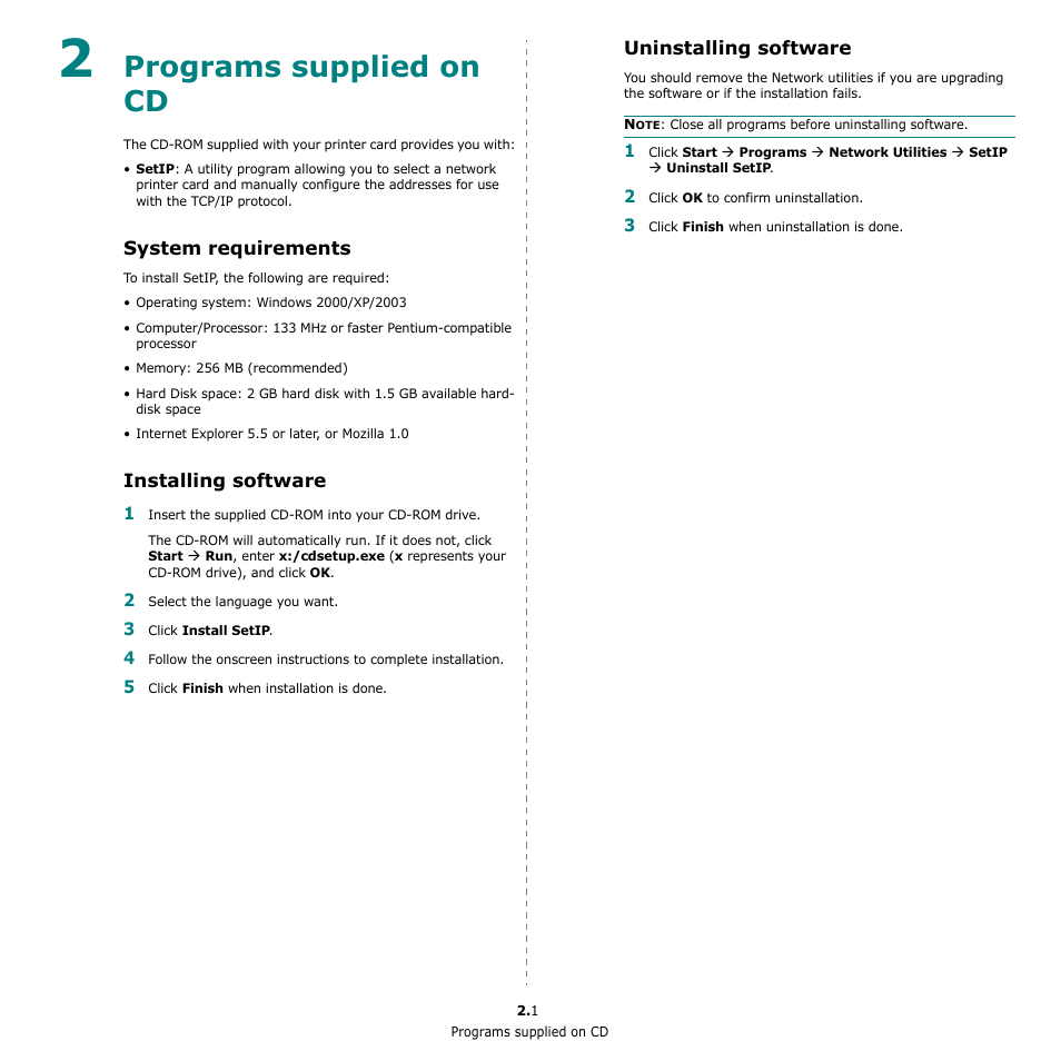 Programs supplied on cd, System requirements, Installing software | Uninstalling software | Ricoh Aficio SP 5100N User Manual | Page 107 / 126