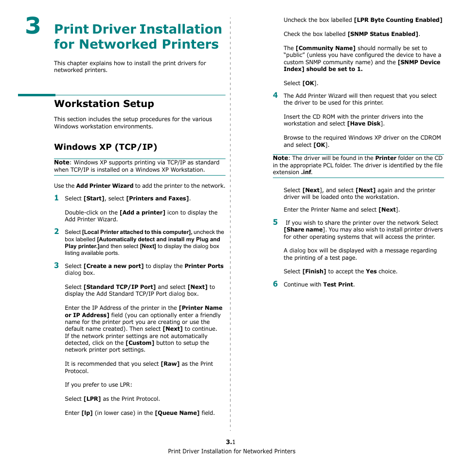 Print driver installation for networked printers, Workstation setup, Windows xp (tcp/ip) | Ricoh Aficio SP 5100N User Manual | Page 109 / 126