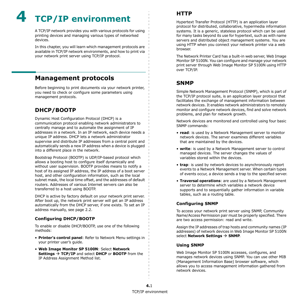 Tcp/ip environment, Management protocols, Dhcp/bootp | Http, Snmp, See chapter 4, “tcp/ip, Environment, See chapter 4, “tcp/ip environment | Ricoh Aficio SP 5100N User Manual | Page 112 / 126