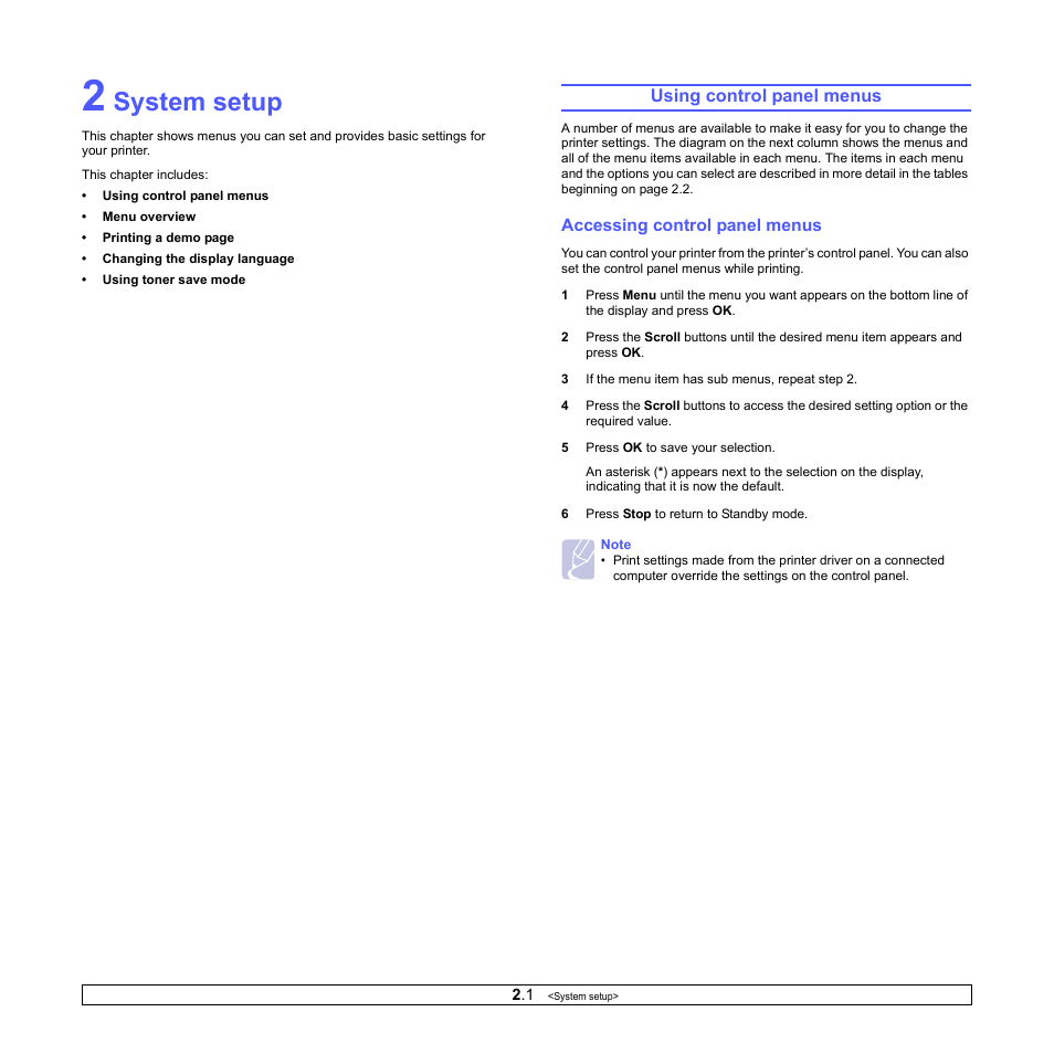 System setup, Using control panel menus, Accessing control panel menus | Ricoh Aficio SP 5100N User Manual | Page 14 / 126