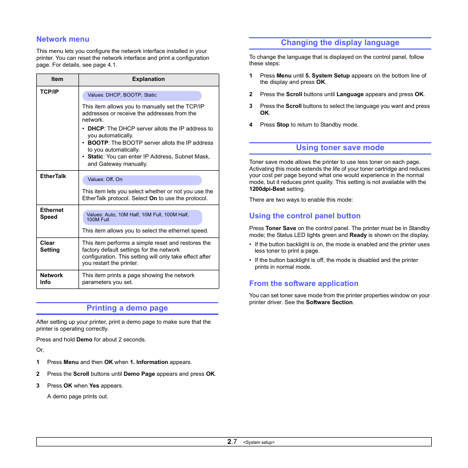 Network menu, Changing the display language, Using toner save mode | Using the control panel button, From the software application, Age 2.7, Printing a demo page | Ricoh Aficio SP 5100N User Manual | Page 20 / 126