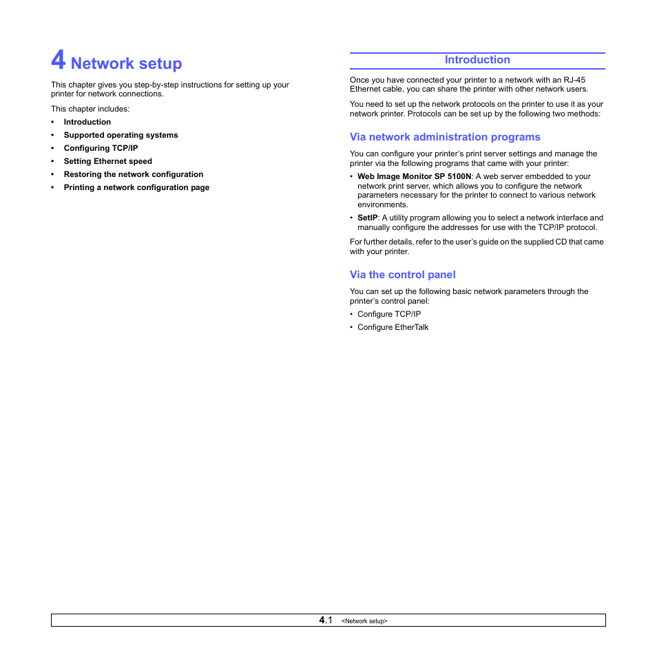 Network setup, Introduction, Via network administration programs | Via the control panel | Ricoh Aficio SP 5100N User Manual | Page 23 / 126