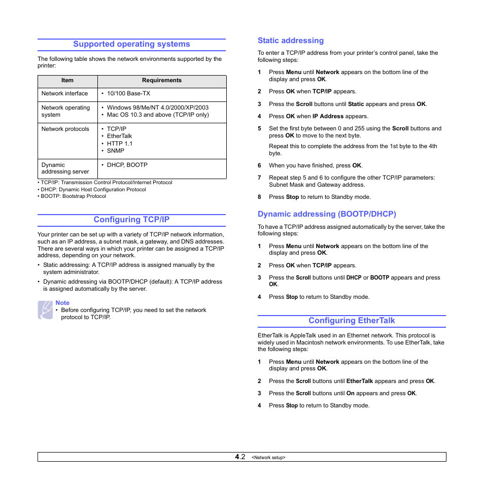 Supported operating systems, Configuring tcp/ip, Static addressing | Dynamic addressing (bootp/dhcp), Configuring ethertalk | Ricoh Aficio SP 5100N User Manual | Page 24 / 126