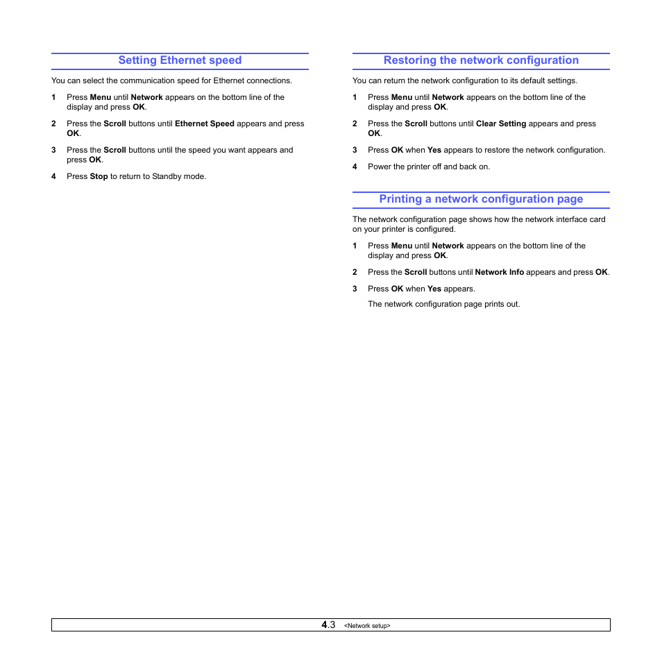 Setting ethernet speed, Restoring the network configuration, Printing a network configuration page | Ricoh Aficio SP 5100N User Manual | Page 25 / 126