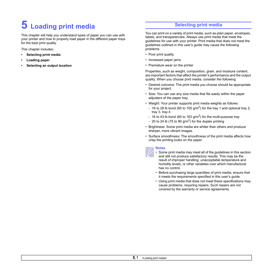 Loading print media, Selecting print media | Ricoh Aficio SP 5100N User Manual | Page 26 / 126