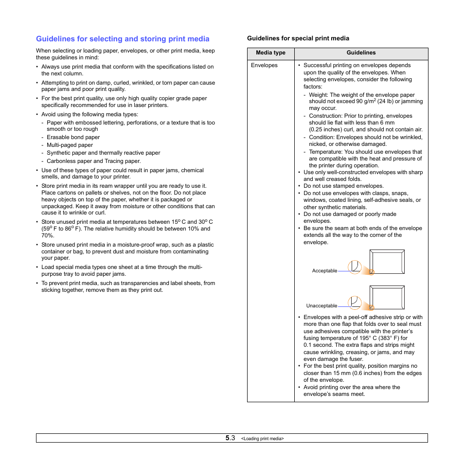 Guidelines for selecting and storing print media | Ricoh Aficio SP 5100N User Manual | Page 28 / 126