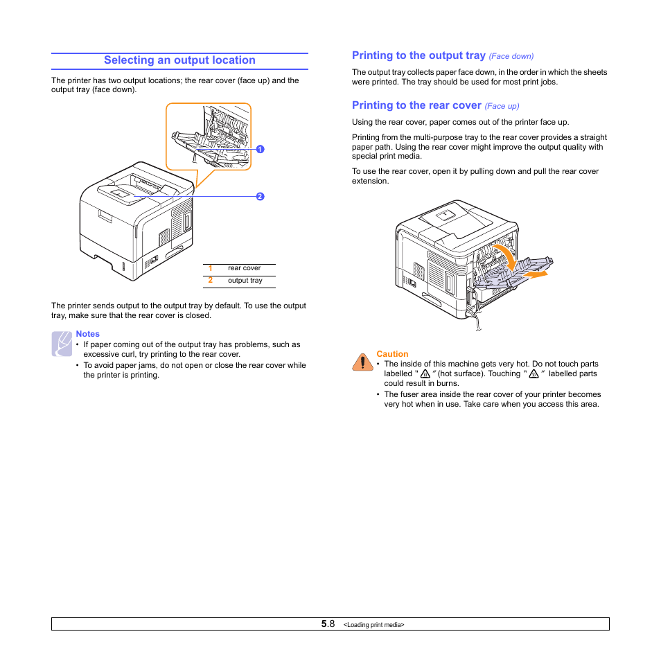 Selecting an output location, Printing to the output tray (face down), Printing to the rear cover (face up) | Printing to the output tray, Printing to the rear cover | Ricoh Aficio SP 5100N User Manual | Page 33 / 126