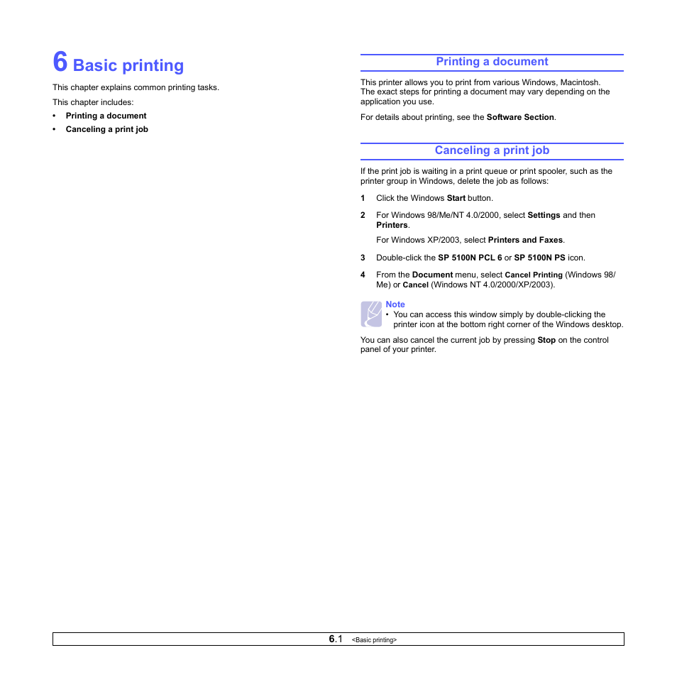Basic printing, Printing a document, Canceling a print job | Printing a document canceling a print job | Ricoh Aficio SP 5100N User Manual | Page 34 / 126