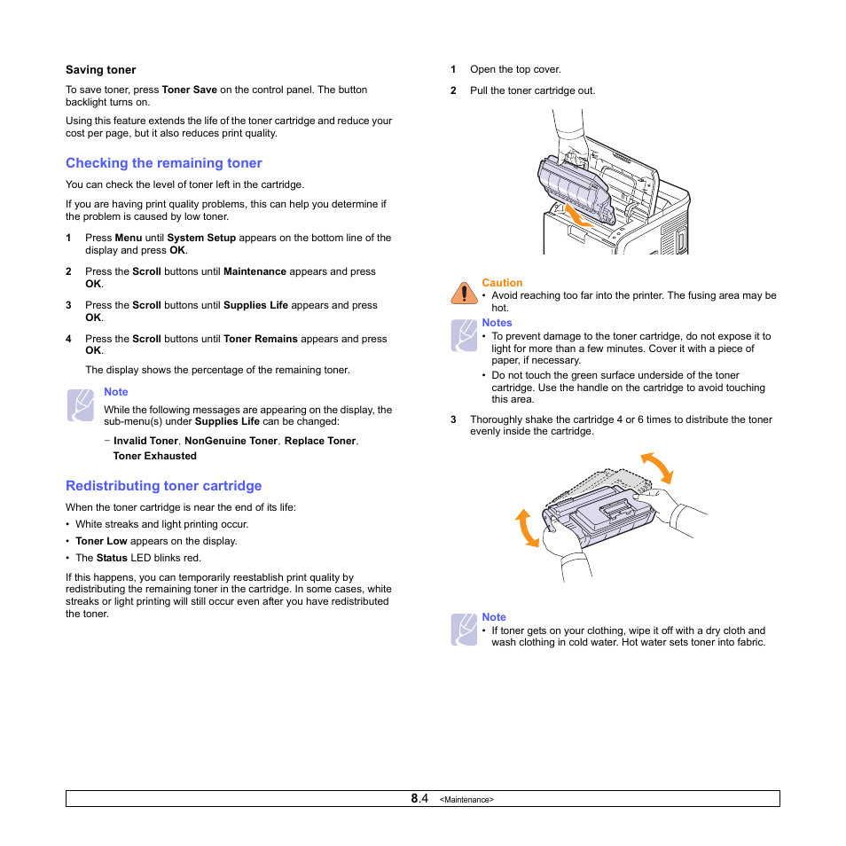 Checking the remaining toner, Redistributing toner cartridge | Ricoh Aficio SP 5100N User Manual | Page 39 / 126