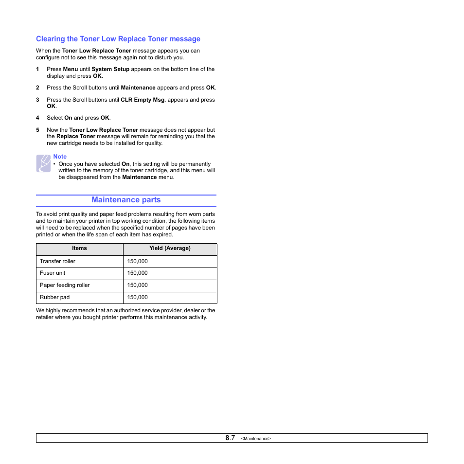 Clearing the toner low replace toner message, Maintenance parts | Ricoh Aficio SP 5100N User Manual | Page 42 / 126