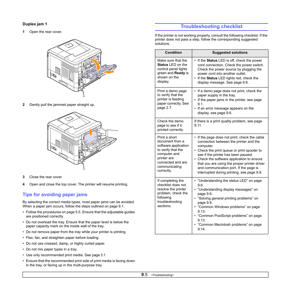 Tips for avoiding paper jams, Troubleshooting checklist | Ricoh Aficio SP 5100N User Manual | Page 47 / 126