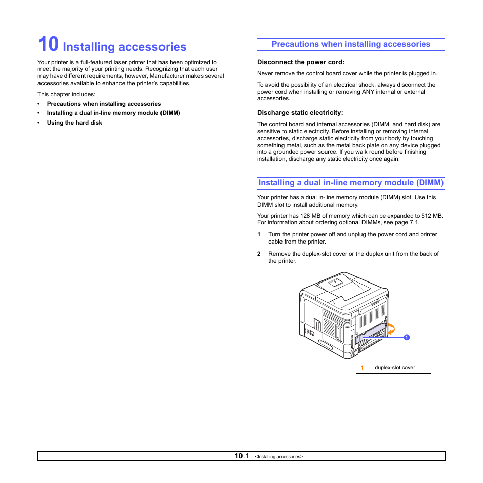 Installing accessories, Precautions when installing accessories, Installing a dual in-line memory module (dimm) | Ricoh Aficio SP 5100N User Manual | Page 57 / 126
