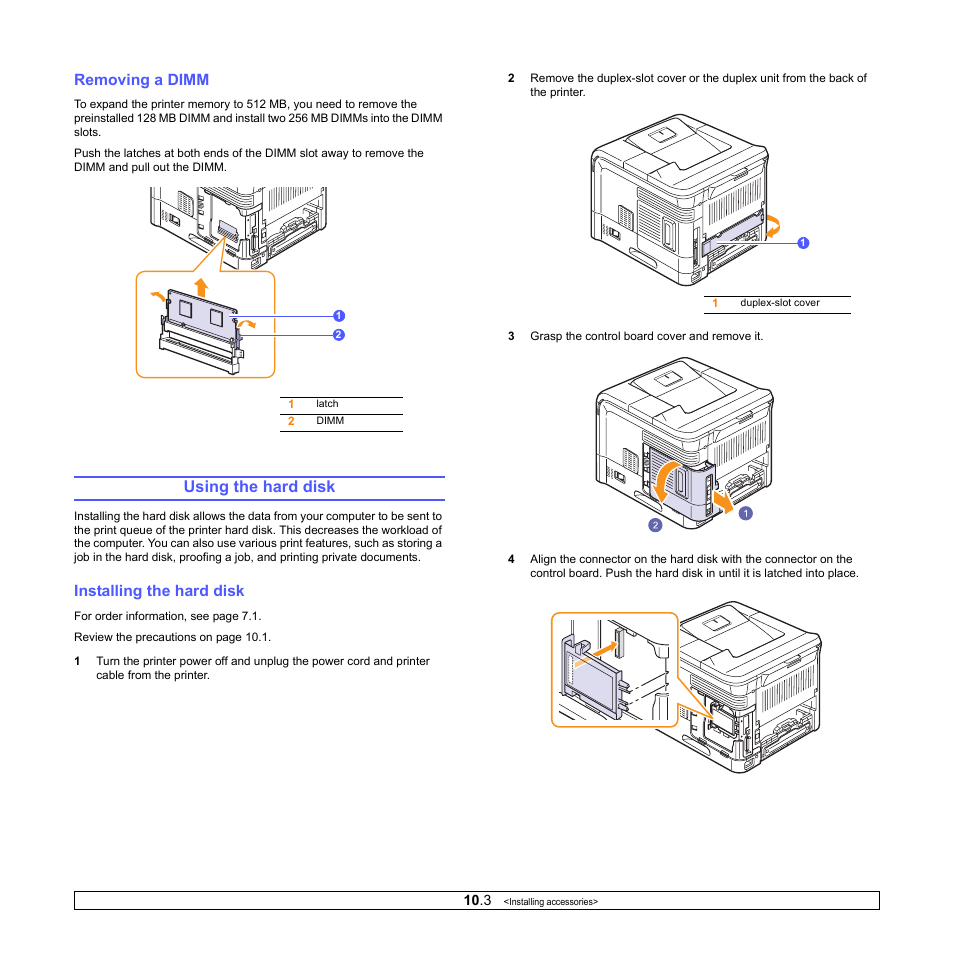 Removing a dimm, Using the hard disk, Installing the hard disk | Ricoh Aficio SP 5100N User Manual | Page 59 / 126