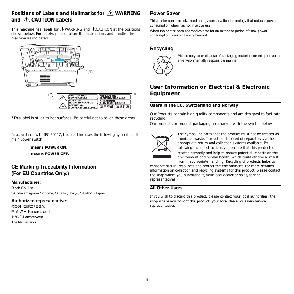 Power saver, Recycling | Ricoh Aficio SP 5100N User Manual | Page 7 / 126