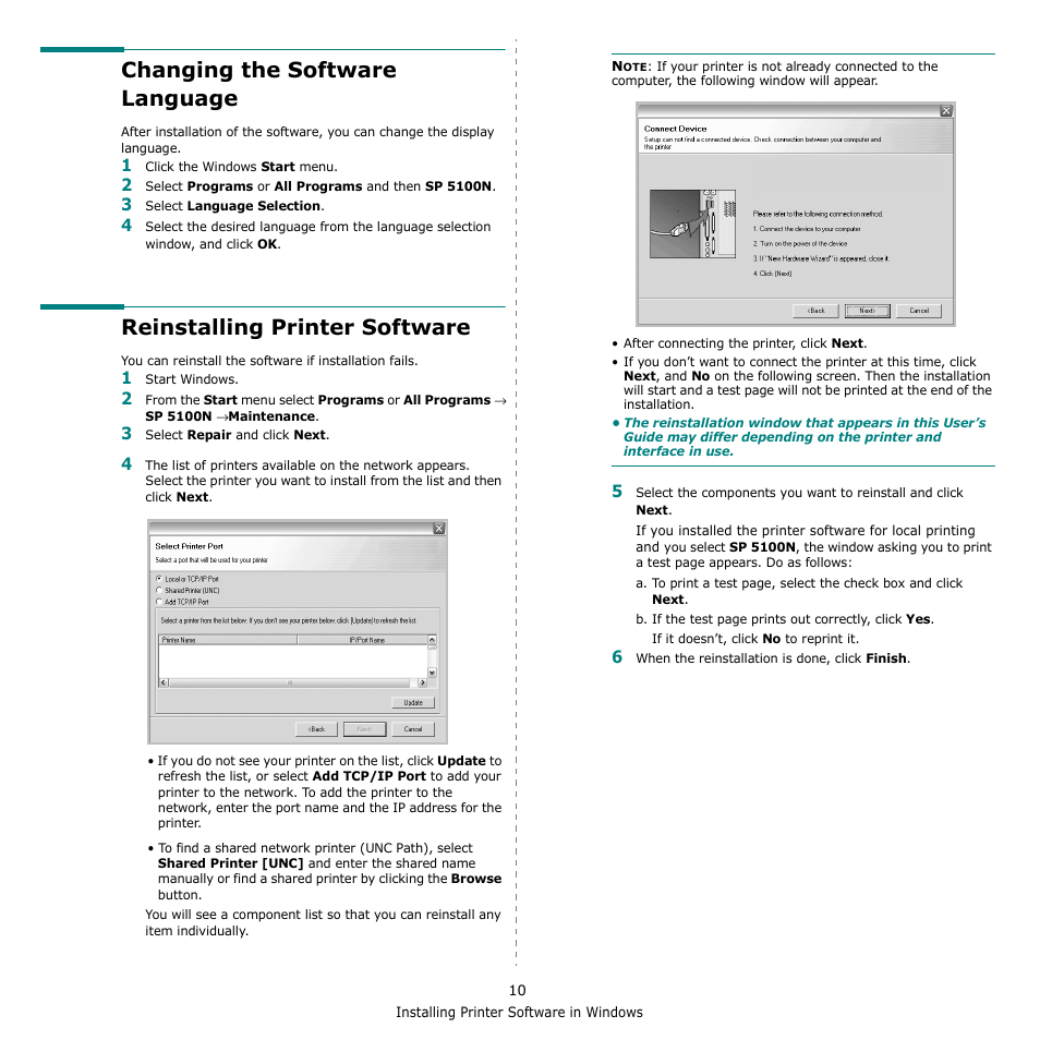 Changing the software language, Reinstalling printer software | Ricoh Aficio SP 5100N User Manual | Page 77 / 126