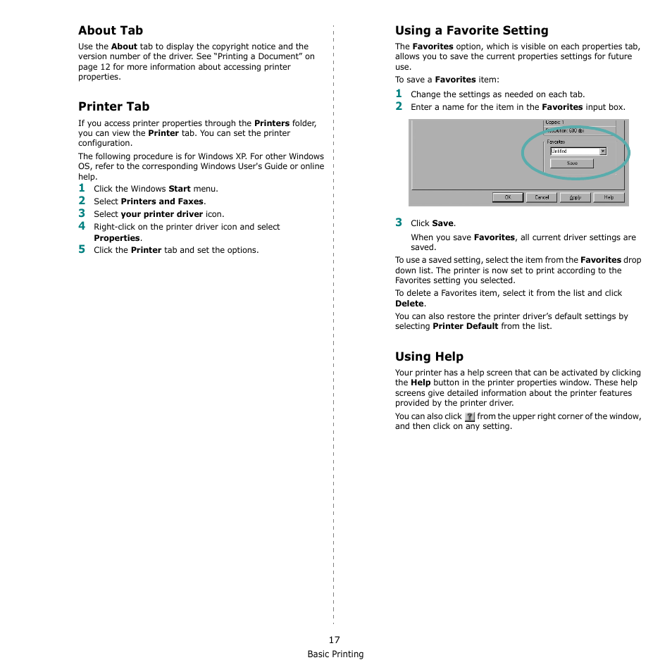 About tab, Printer tab, Using a favorite setting | Using help, About tab - printer tab, Using a favorite setting - using help | Ricoh Aficio SP 5100N User Manual | Page 84 / 126