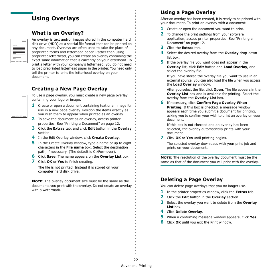 Using overlays, What is an overlay, Creating a new page overlay | Using a page overlay, Deleting a page overlay | Ricoh Aficio SP 5100N User Manual | Page 89 / 126