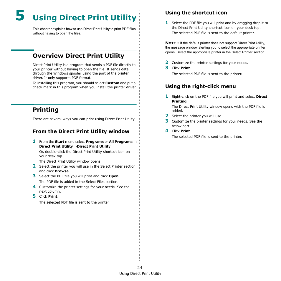 Using direct print utility, Overview direct print utility, Printing | From the direct print utility window, Using the shortcut icon, Using the right-click menu, Chapter 5, Overview direct print utility printing | Ricoh Aficio SP 5100N User Manual | Page 91 / 126