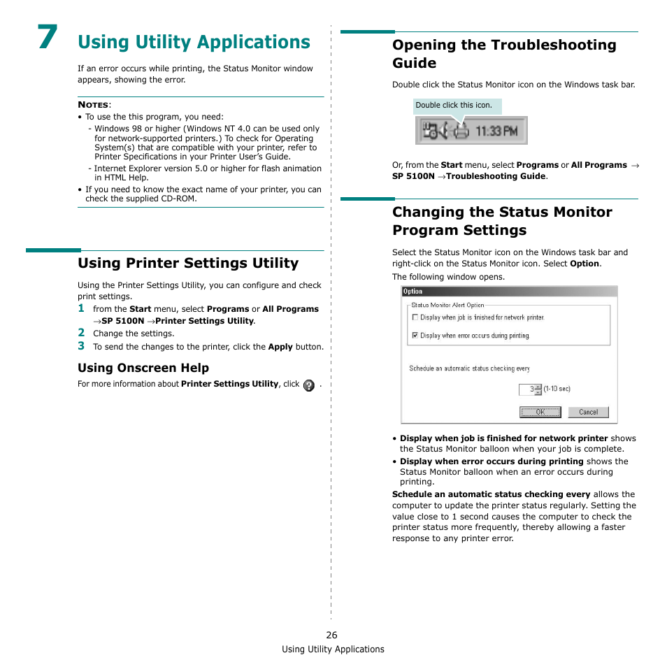 Using utility applications, Using printer settings utility, Using onscreen help | Opening the troubleshooting guide, Changing the status monitor program settings, Chapter 7 | Ricoh Aficio SP 5100N User Manual | Page 93 / 126