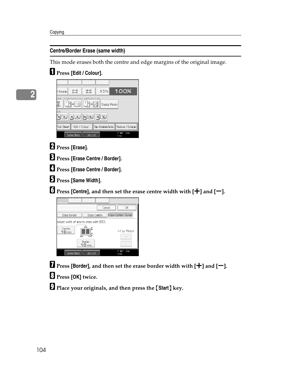 Centre/border erase (same width) | Ricoh Aficio MP C2000 User Manual | Page 126 / 206