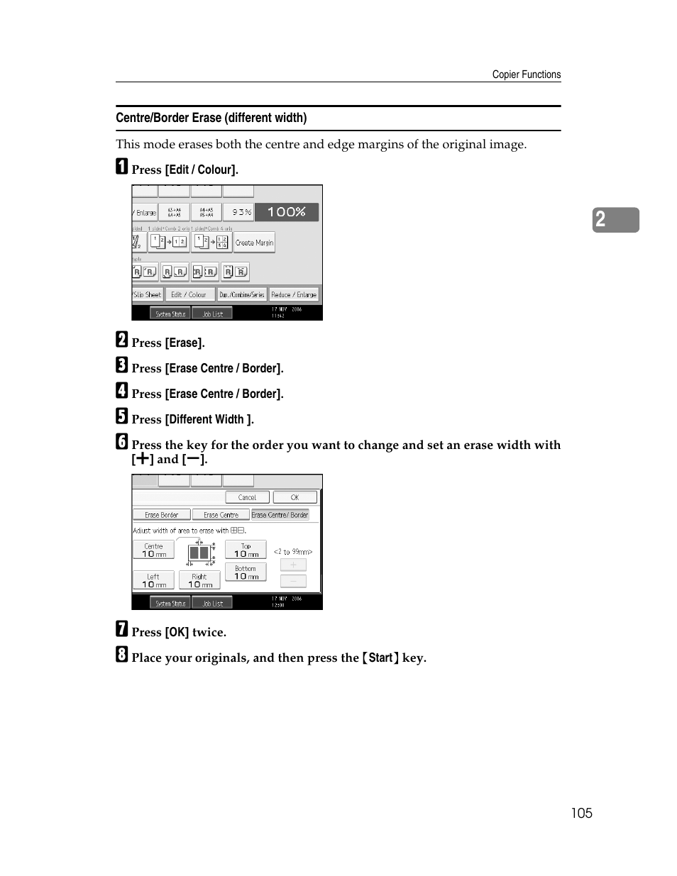 Centre/border erase (different width) | Ricoh Aficio MP C2000 User Manual | Page 127 / 206