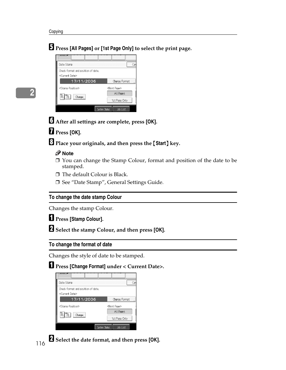 To change the date stamp colour, To change the format of date | Ricoh Aficio MP C2000 User Manual | Page 138 / 206