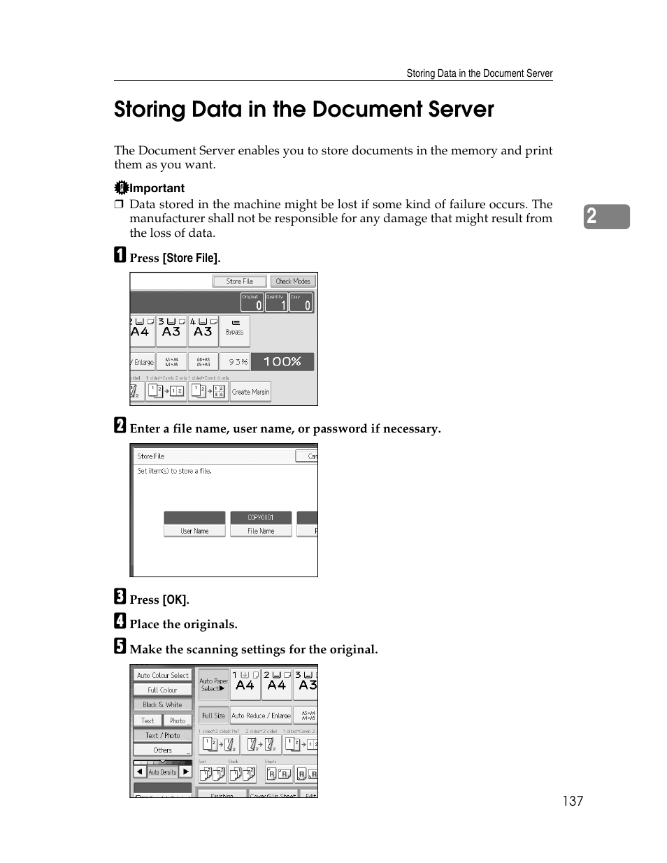 Storing data in the document server, 2storing data in the document server | Ricoh Aficio MP C2000 User Manual | Page 159 / 206