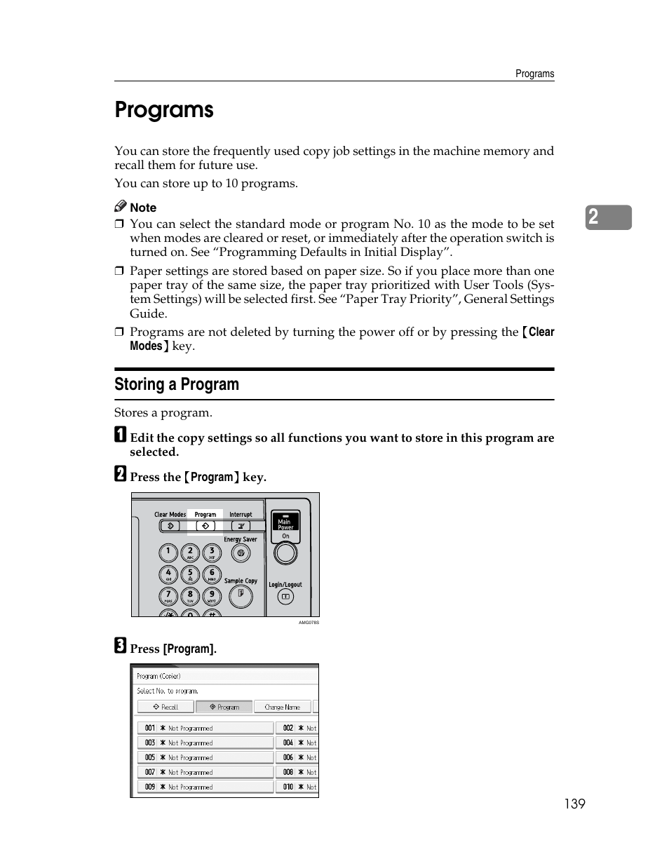 Programs, Storing a program, 2programs | Ricoh Aficio MP C2000 User Manual | Page 161 / 206