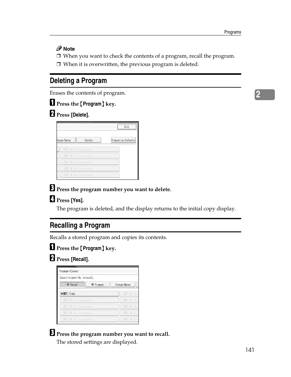 Deleting a program, Recalling a program, Deleting a program recalling a program | Ricoh Aficio MP C2000 User Manual | Page 163 / 206