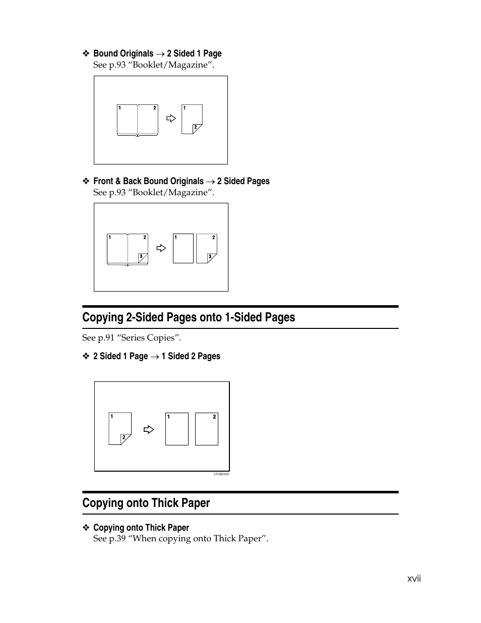 Copying onto thick paper, Copying 2-sided pages onto 1-sided pages | Ricoh Aficio MP C2000 User Manual | Page 19 / 206