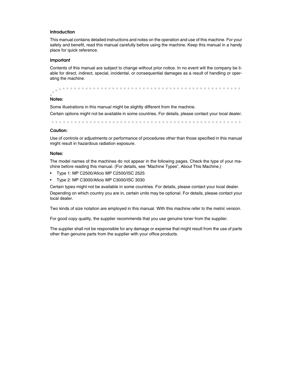 Introduction, Important, Notes | Caution | Ricoh Aficio MP C2000 User Manual | Page 2 / 206