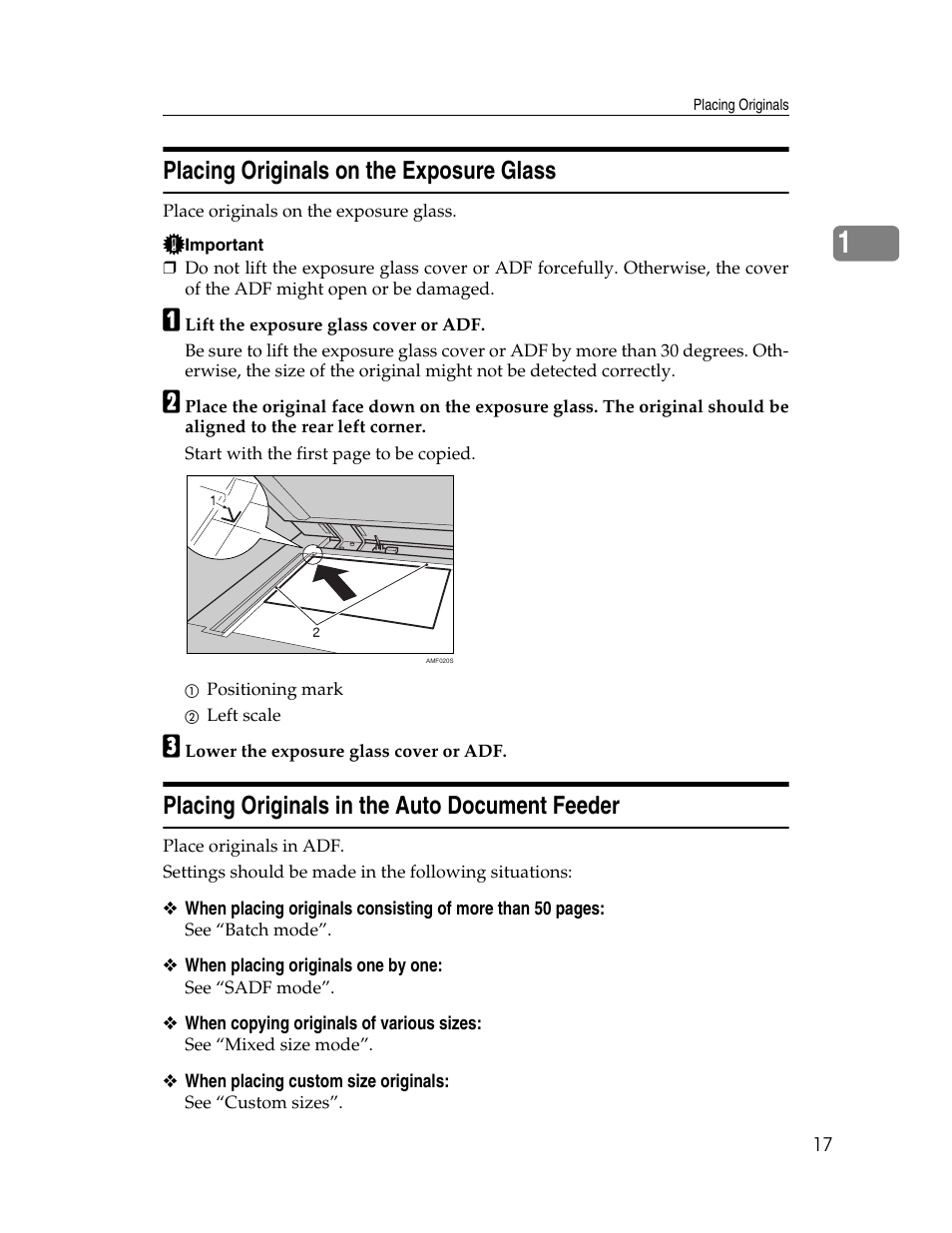 Placing originals on the exposure glass, Placing originals in the auto document feeder | Ricoh Aficio MP C2000 User Manual | Page 39 / 206