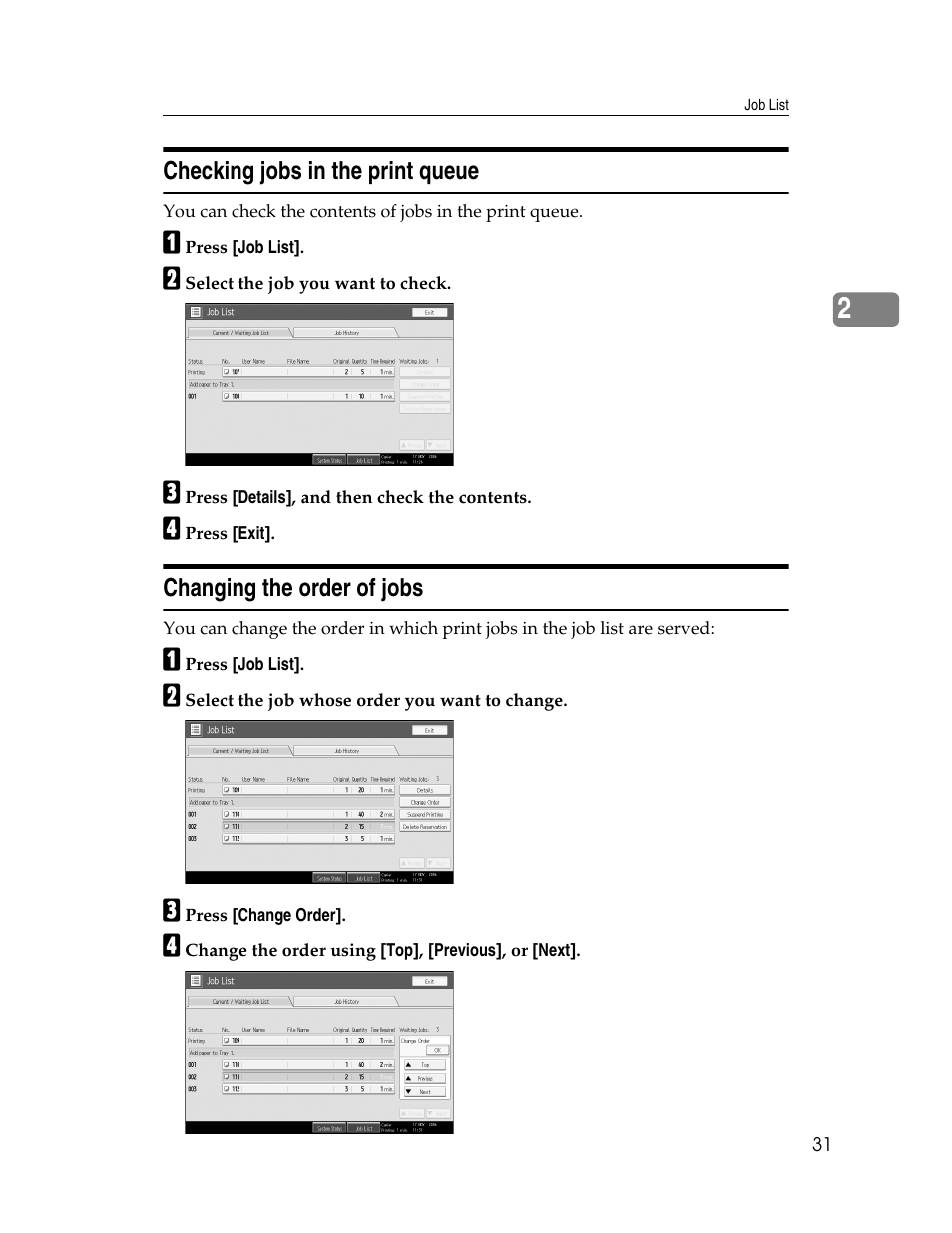 Checking jobs in the print queue, Changing the order of jobs | Ricoh Aficio MP C2000 User Manual | Page 53 / 206