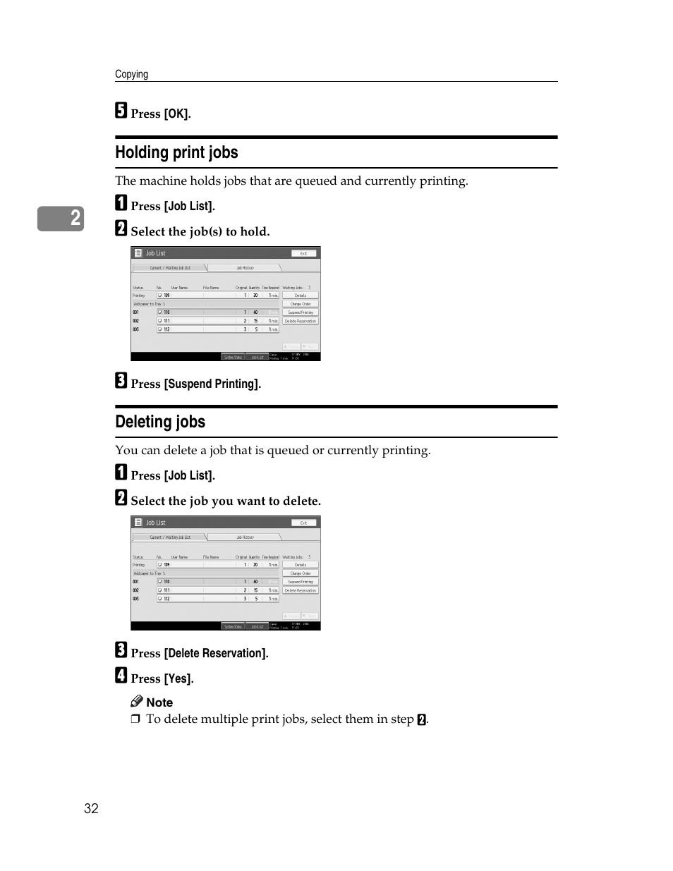 Holding print jobs, Deleting jobs, Holding print jobs deleting jobs | Ricoh Aficio MP C2000 User Manual | Page 54 / 206