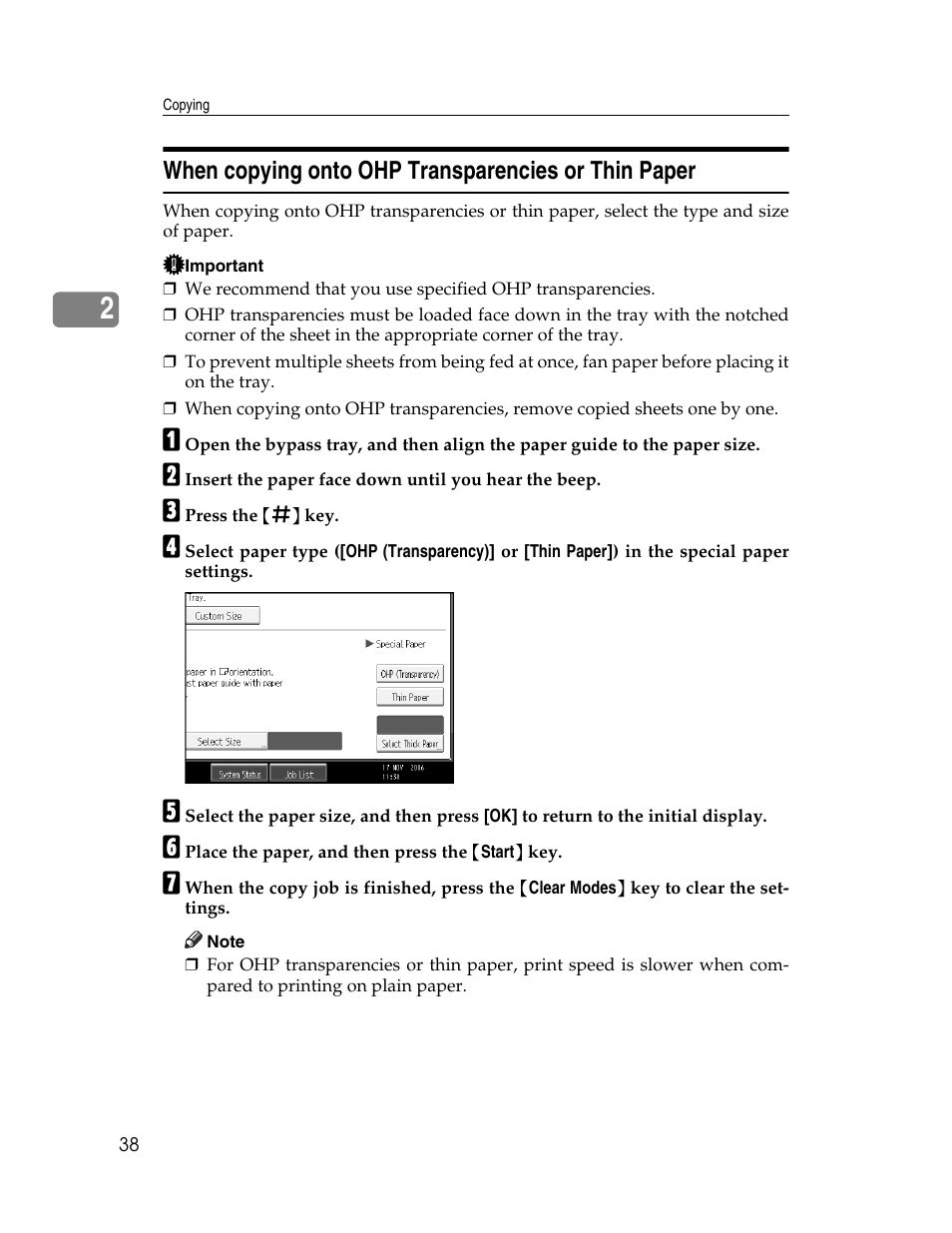 When copying onto ohp transparencies or thin paper | Ricoh Aficio MP C2000 User Manual | Page 60 / 206