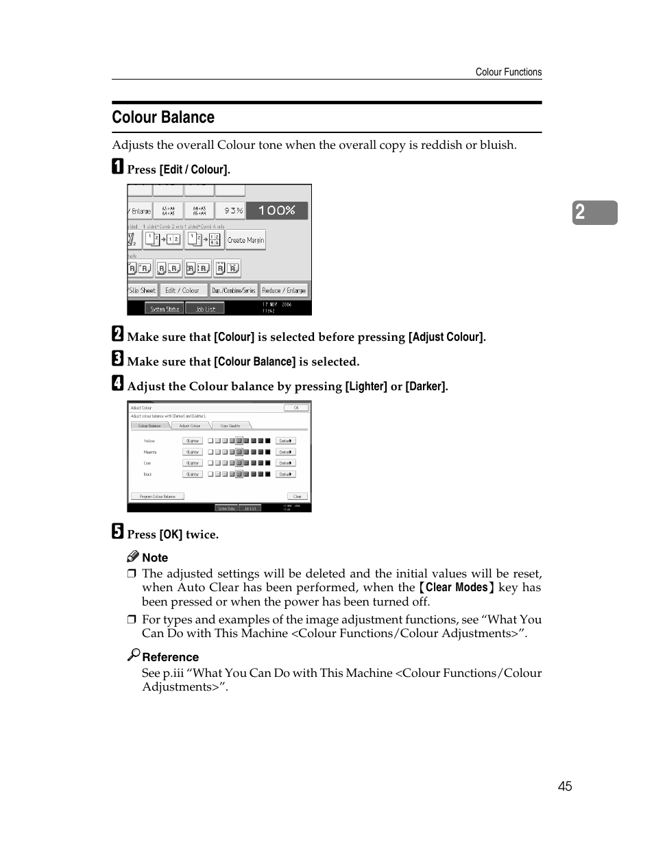 Colour balance, See p.45 “colour balance | Ricoh Aficio MP C2000 User Manual | Page 67 / 206
