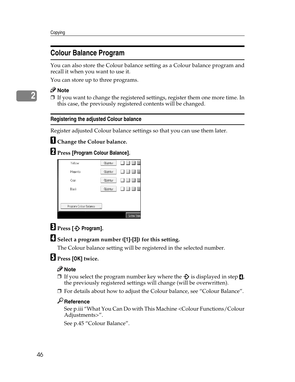 Colour balance program, Registering the adjusted colour balance | Ricoh Aficio MP C2000 User Manual | Page 68 / 206