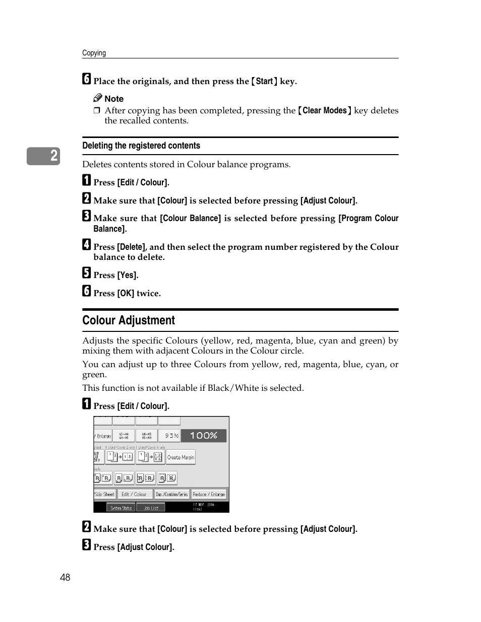 Deleting the registered contents, Colour adjustment | Ricoh Aficio MP C2000 User Manual | Page 70 / 206