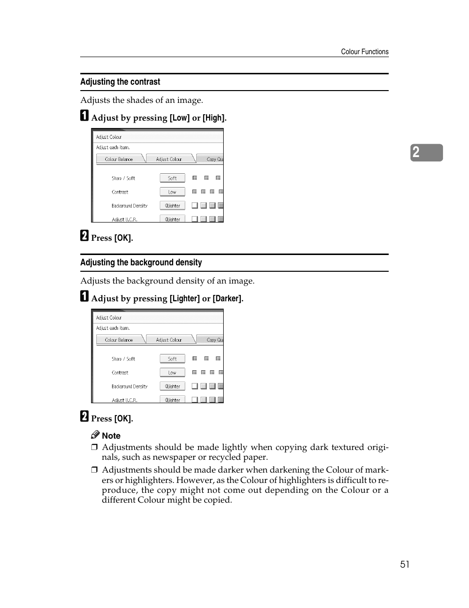 Adjusting the contrast, Adjusting the background density, See p.51 “adjusting the contrast | Ricoh Aficio MP C2000 User Manual | Page 73 / 206