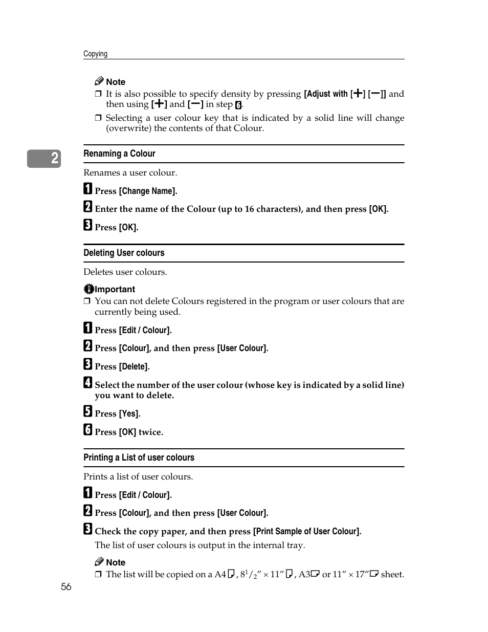 Renaming a colour, Deleting user colours, Printing a list of user colours | Ricoh Aficio MP C2000 User Manual | Page 78 / 206