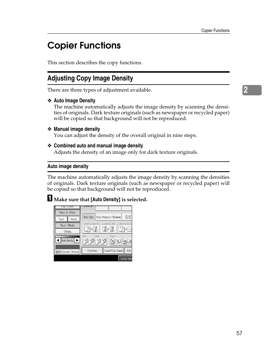 Copier functions, Adjusting copy image density, Auto image density | 2copier functions | Ricoh Aficio MP C2000 User Manual | Page 79 / 206