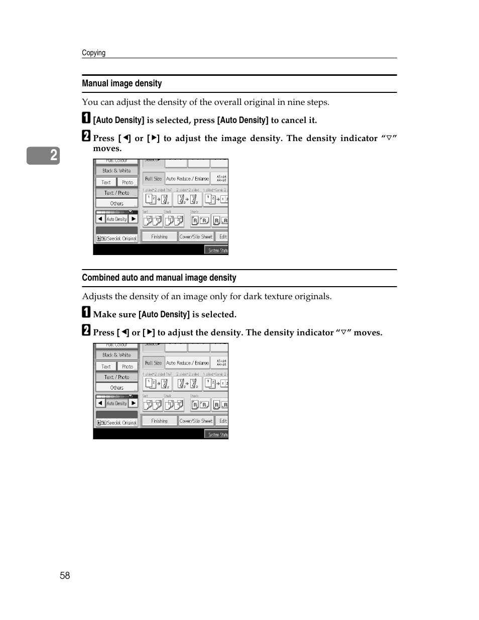 Manual image density, Combined auto and manual image density | Ricoh Aficio MP C2000 User Manual | Page 80 / 206